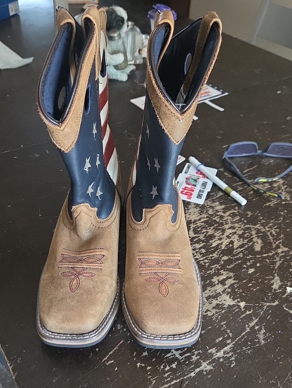 Tan Suede Western Flag-Inspired Pull-On Boots